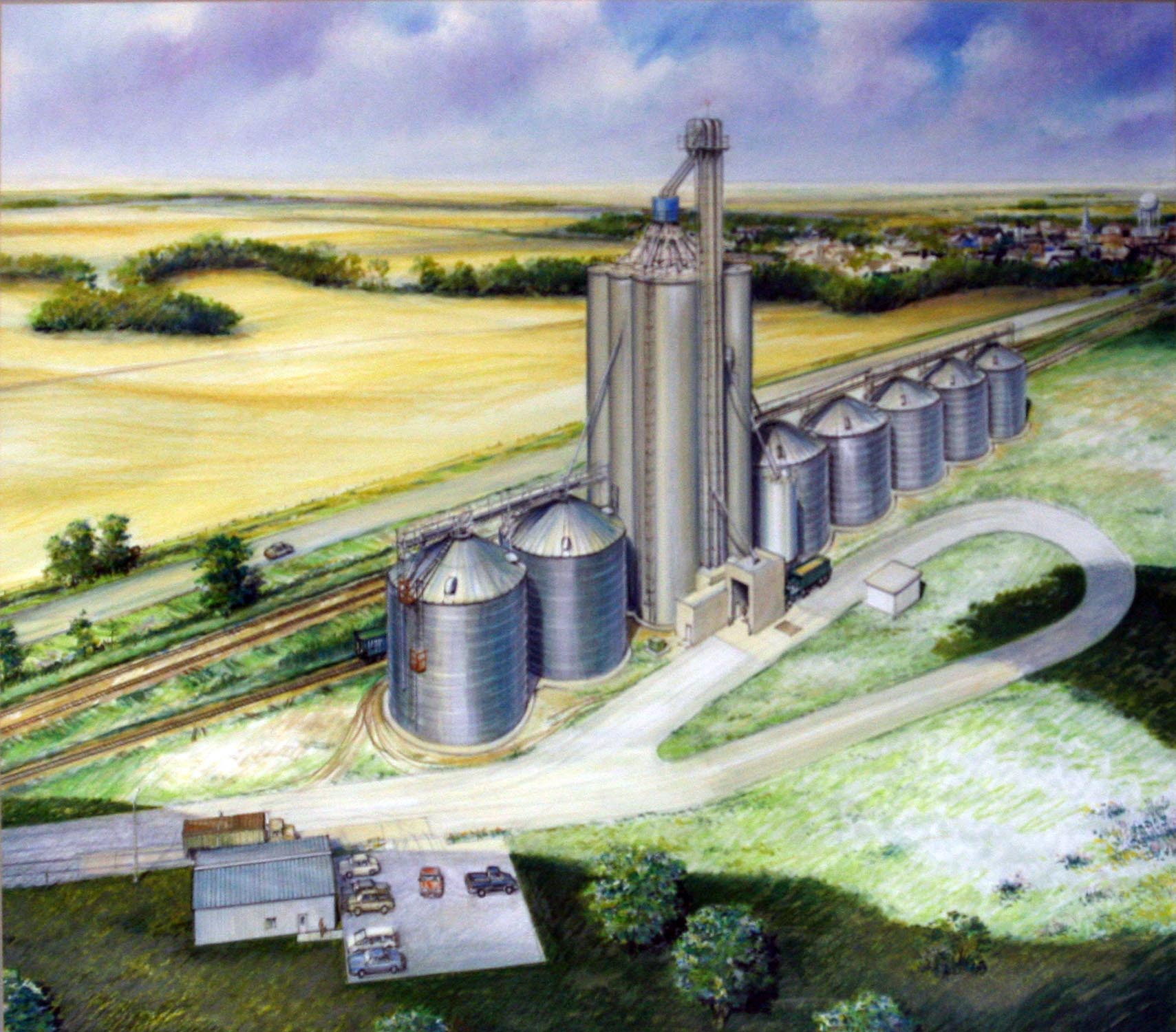 .Illustration of barley storage faciilty in Conrad, Montana